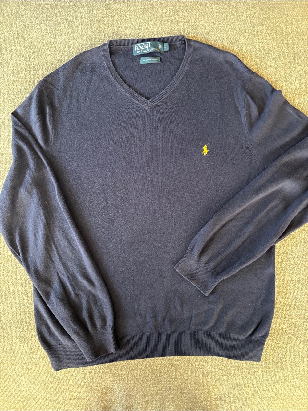 RALPH LAUREN Vintage Navy V-Neck 100% Pima Cotton Sweater Golf Preppy Size Large